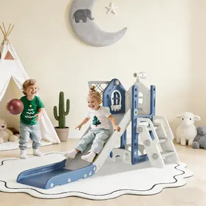 5-in-1 Toddler Slide with Basketball Hoop & Telescope L-Shaped Indoor & Outdoor Playset ，for Boys and Girls Birthday Gift Christmas Gift