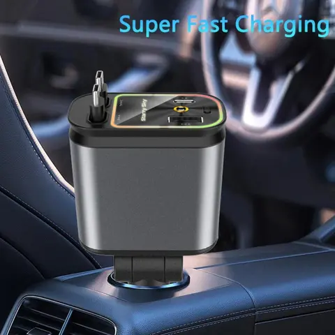 4-in-1 Multi Functional Type C Car Charger, Fast Charging Adapter with 2 Retractable Cables & Starry Glow, Fits Most Phones, Tablets