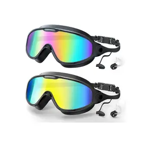 2-Pack Swim Goggles for Adults & Kids -Anti-Fog Full-Coverage, 3-Color UV Lens, Waterproof Earplugs & Nose Clip Fit Outdoorfun