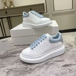 White Lace-Up Plain Sneakers - Casual Training Athletic Runners with Light Blue Laces, Sizes 34-45, Comfortable Stylish Closed Footwear for Daily Wear (Home Supplies Rain Shoes & Covers Category)