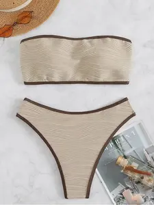 Two-Piece Set Women's Summer Textured Contrast Binding Bikinis Sets, Casual Sleeveless Padded Bandeau Swim Top & High Cut Swim Bottom Swimsuit for Women, Bathing Suits Women