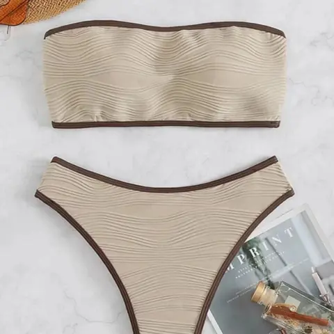 Two-Piece Set Women's Summer Textured Contrast Binding Bikinis Sets, Casual Sleeveless Padded Bandeau Swim Top & High Cut Swim Bottom Swimsuit for Women, Bathing Suits Women, Summer Swimsuits, High Stretch Swimwear