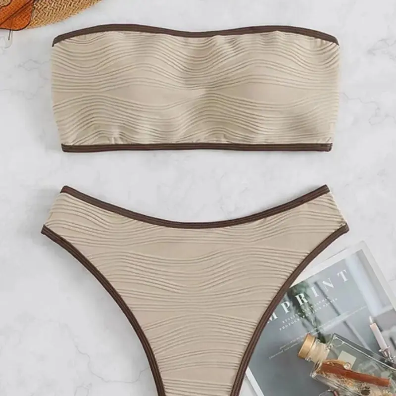 Two-Piece Set Women's Summer Textured Contrast Binding Bikinis Sets, Casual Sleeveless Padded Bandeau Swim Top & High Cut Swim Bottom Swimsuit for Women, Bathing Suits Women, Summer Swimsuits, High Stretch Swimwear
