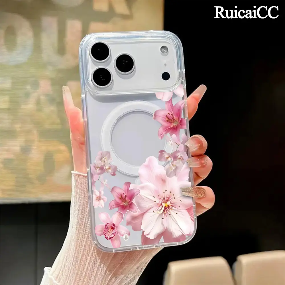 Magnetic TPU Silicone Acrylic Phone Case for iPhone 17/16 Pro Max Plus/15/14/13/12/11 Pro Max - Blush Pink Floral Cascade Aesthetic, Anti-Yellowing, Shockproof, Ultra-Thin, Wireless Charging-Supporting, Resistance Mobile Phone Accessories for Protection