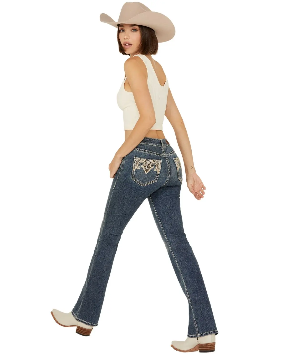 Rock & Roll Denim Women's And Medium Wash Mid Rise Leather Embroidered Bootcut Stretch - Bw4md03559