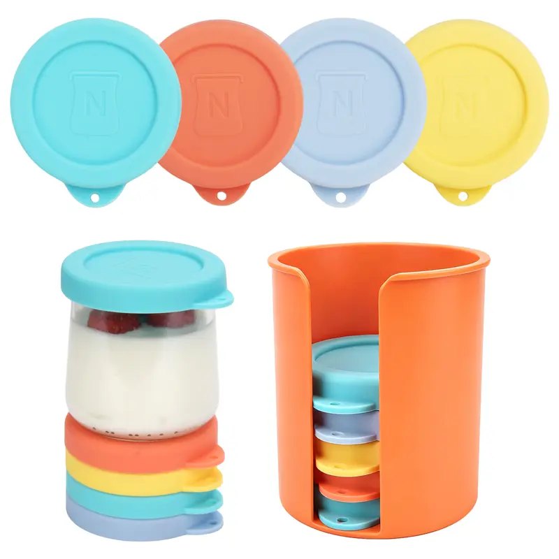 8-Pc Airtight Sturdy Silicone Oui Yogurt Lids Set with Organizer, Reusable Food-Grade Kitchen Storage Covers for 5oz Yogurt Glass Containers, Dishwasher & Freezer Safe (Containers NOT Included), Leakproof