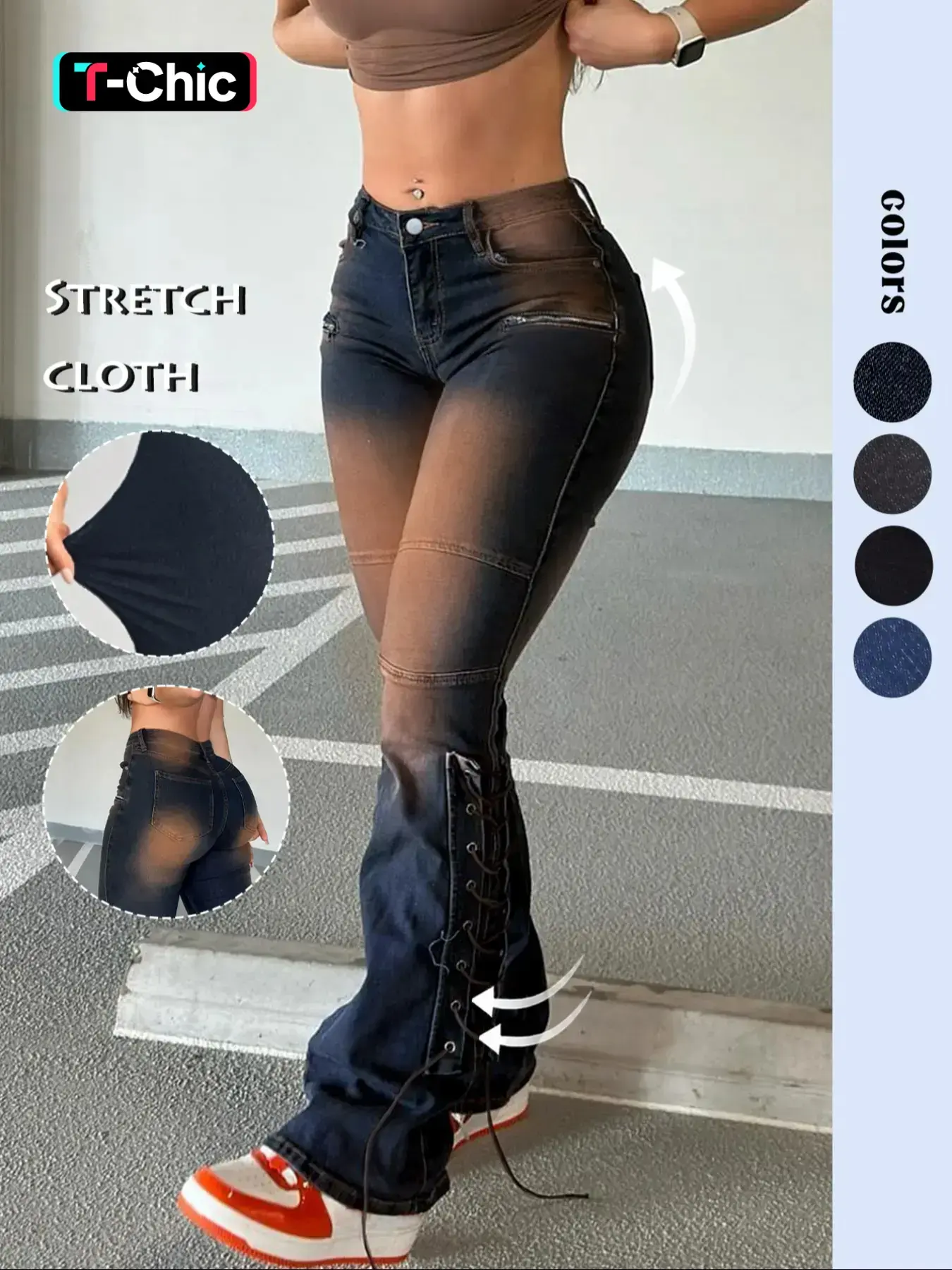 Women's Faded Pocket Button Fly Flare Leg Stretchy Medium Denim Jeans, Casual Street Comfy Lace Up Trousers for Daily Wear, Ladies Bottoms for All Seasons