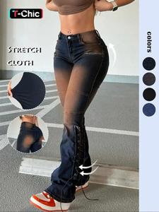 women's faded pocket button fly flare leg trousers, casual fashion street comfy lace up trousers for daily wear, ladies bottoms for all seasons, skinny womenswear, streetwear, stretchy skinny jeans