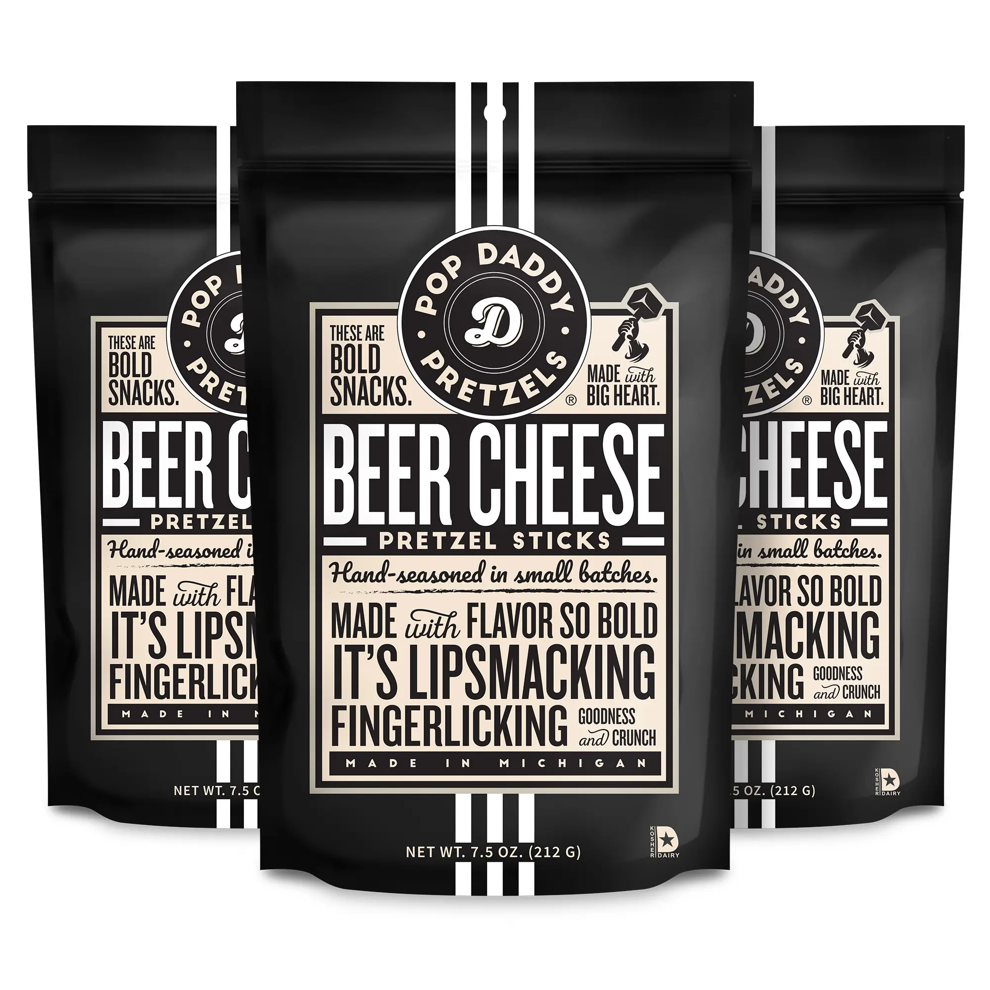 Pop Daddy Flavored Pretzels Sticks | Healthy Gourmet Pretzels Snacks | 7.5oz Individual Bags | 3 Pack | Beer Cheese