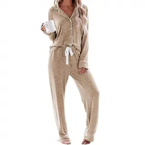 Autumn Women's New Set Homewear Pocket Button Long Sleeve Tie Pants Casual Set Loungewear Pajama