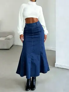 Women's Stretch High Waist Denim A-Line Flared Midi Skirt, Elegant, Chic, Slim-Fitting & Figure-Flattering, Vintage Dark Blue Wash, Curvy-Friendly for Black Women, Perfect for Daily, Dates & Parties