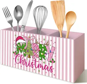 Pink Christmas Kitchen Utensils Holder with 3 Compartments, Merry Christmas Cooking Utensil Holder Organizer for Countertop, Preppy Coquette Xmas Wooden Box Sign Desk Decor