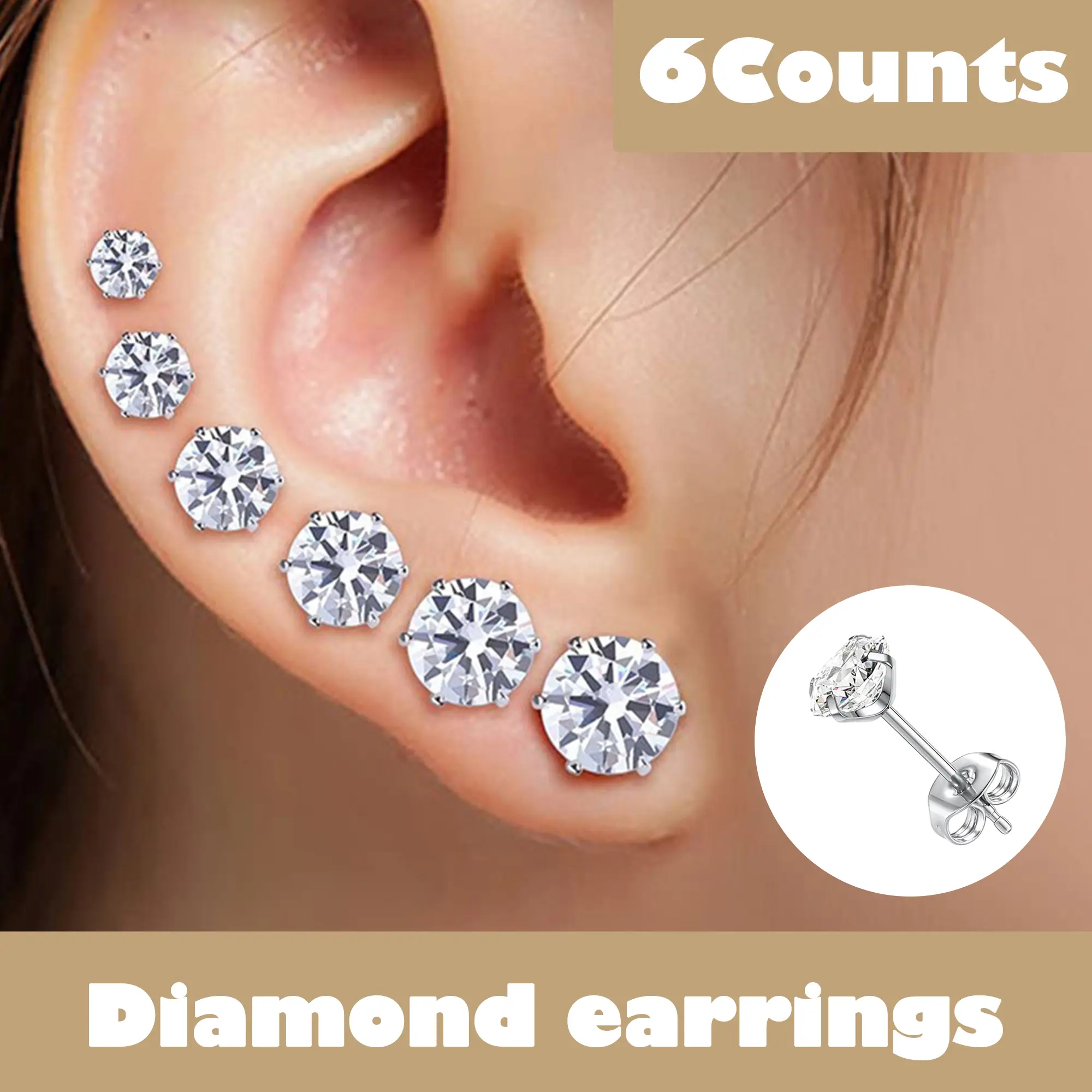 6 Counts Women's Silver Stud Earrings, 3-8mm options, durable material, fits daily and special occasions Dainty Stud Huggie Hypoallergenic Cubic Zirconia