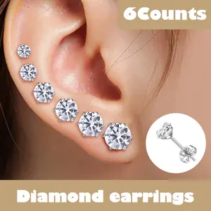6 Counts Women's Silver Stud Earrings, 3-8mm options, durable material, fits daily and special occasions Dainty Stud Huggie Hypoallergenic Cubic Zirconia