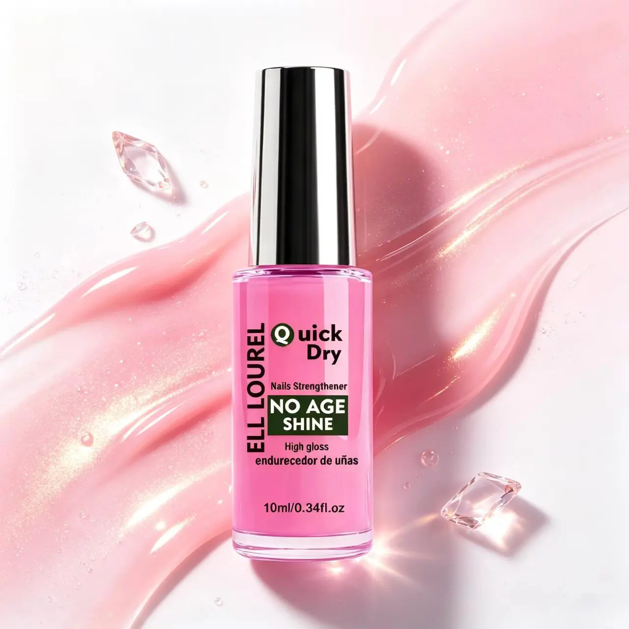 ELL LOUREL No Age Shine Quick Dry Pink Nail Strengthener, High Gloss Anti-Yellow Nail Hardener, Repair Fragile Split Nails, Daily Shiny Nail Care Varnish 10ml