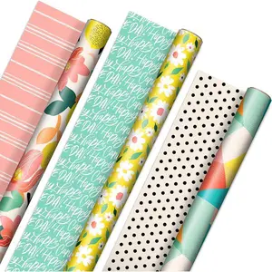 Hallmark Reversible Spring Wrapping Paper (3 Rolls: 75 Sq. Ft. Ttl) Floral, Lemons, Bright Abstract for Easter, Birthdays, Mother's Day, Bridal Showers, Baby Showers