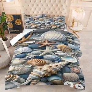 Seashell & Starfish Comforter Set-with Silk-Cotton Filling, Coastal Beach Themed Bedding Set, 3D Digital Print Bed Set with Includes 1/2 Pillowcases - without Core, Soft Microfiber Bedding, All Season Cozy Quilt for Beach Lover Bedroom Decor Bedding Set