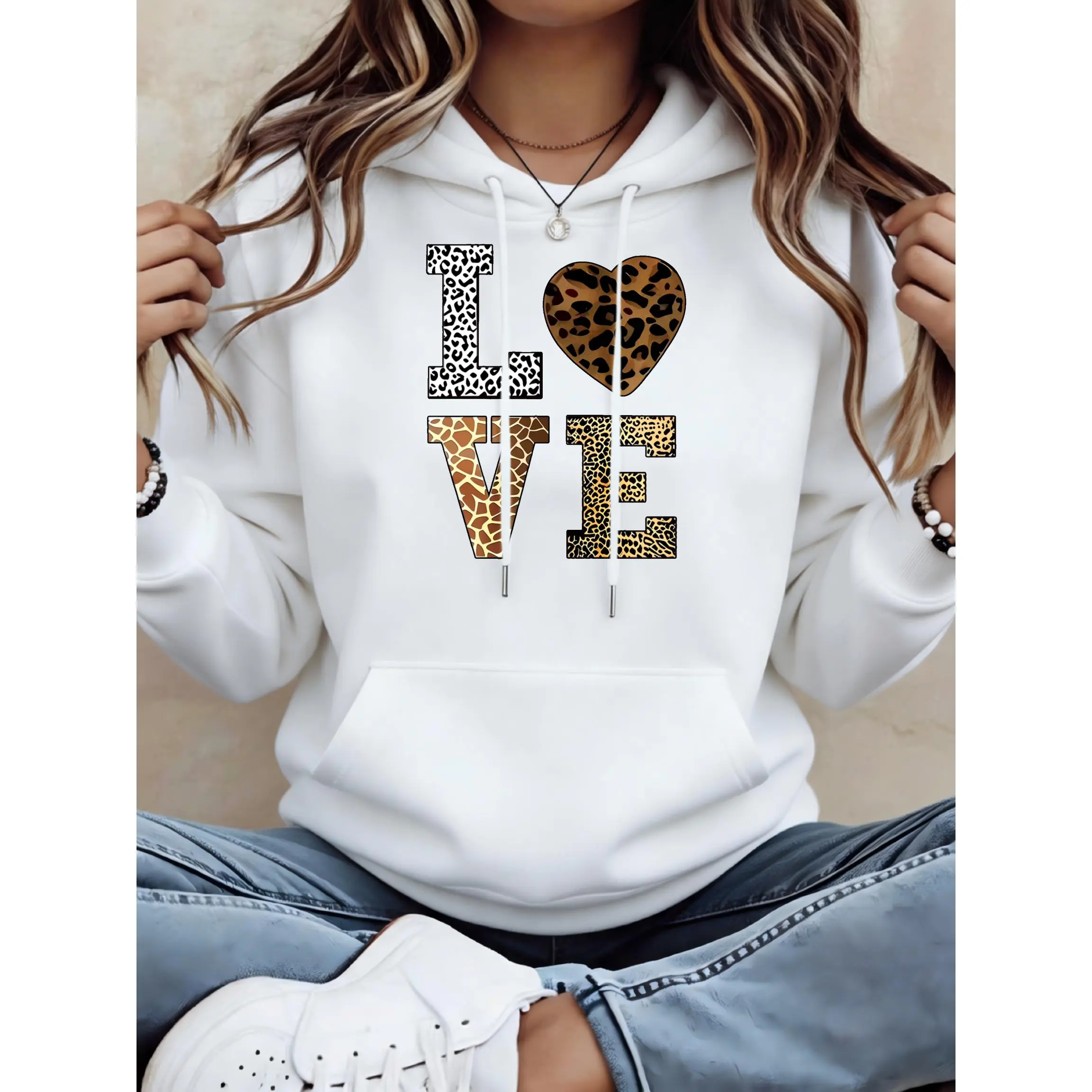 Women's Leopard Print Love Design Unisex Oversized Hoodie | Soft Breathable Cotton Blend Pullover | Trendy Cozy Loungewear & Streetwear For Daily, Gym, Travel & Fall Vibes