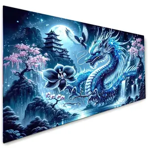 Fantasy Dragon Waterfall Landscape Flower Animal Art 5D Diamond Painting Kit, DIY Full Drill Round Acrylic Mosaic Craft for Home Decor 80x40cm