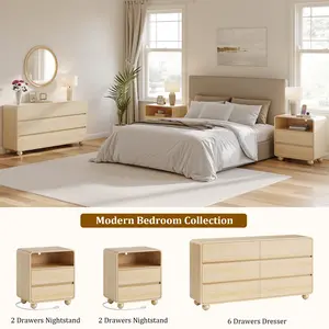 Aowos 3 Piece Dresser and Nightstand Set, 6 Drawer Dresser for Bedroom with 2 Nightstands Set, 53" Wood Chest of Drawers & Nightstands with Charging Station, Curved Modern Bedroom Set, Natural, Black, White