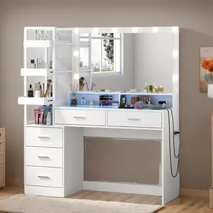 White Vanity Desk with Mirror and Lights, 8 Drawer Makeup Vanity Table with Glass Top,  Women & Girls Dressing Table with Lighted Mirror and Charging Station（Stool Not Included