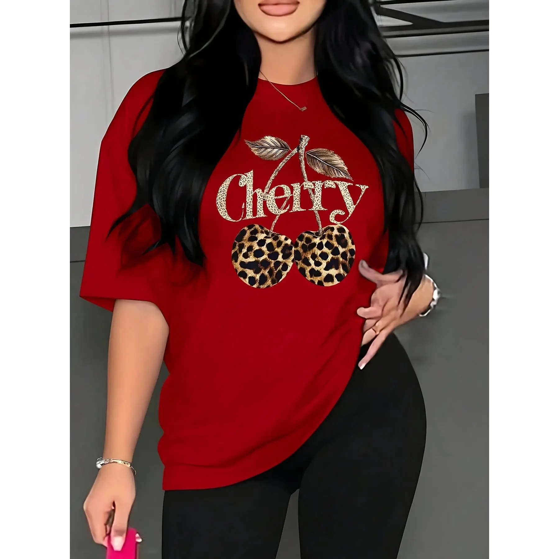 Classic Graphic Tee, Casual Oversized Unisex Top with Leopard Cherry Print & Gold Glitter, Smooth 100% Cotton, Tops, Fabric, Short Sleeves, Wardrobe Staples, Asymmetrical, Machine Washable, Basic, Shortsleeve, Leopard Print, Asymmetrical Cut