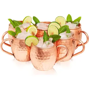 Moscow Mule Copper Mugs Set of 6 (16oz) |  Grade  Pure Copper Cups | Handcrafted w/Lacquered Hammered Finish, Smooth Rounded Lip,  Handle (No Rivet) w/Solid Grip