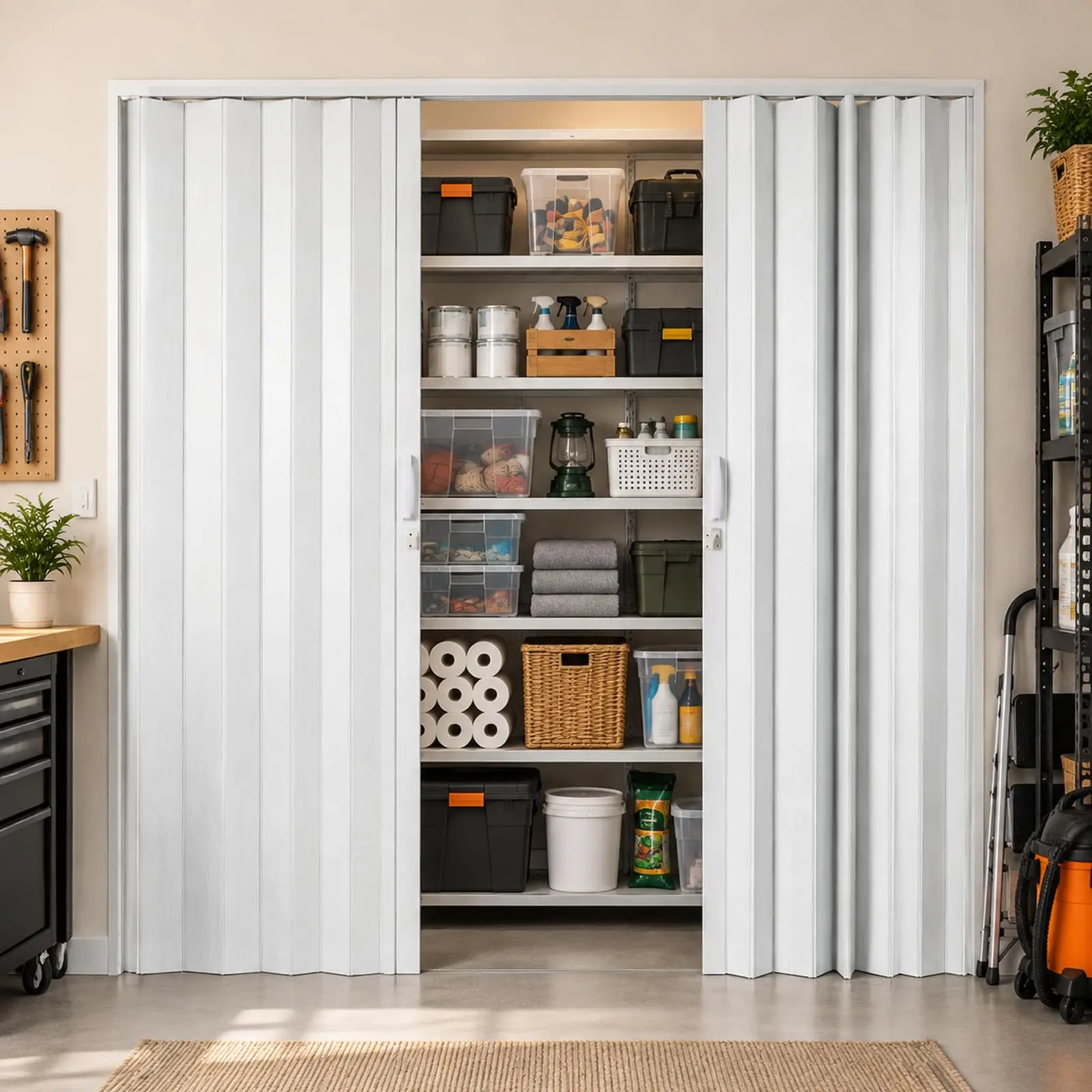 72'' x 80'' Accordion Folding Door, Double Panel PVC Interior Door  Portable Accordion Door with Top Track, Lock, Handle and Hardware Kit for Room Divider, Closet and Interior Spaces