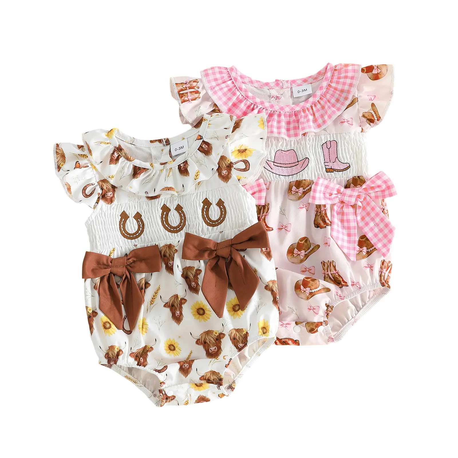 Infant Baby Girl Western Romper with Bows Printed Flying Sleeve Smocked Bubble Bodysuit Cute Summer Clothes 0-18 Months
