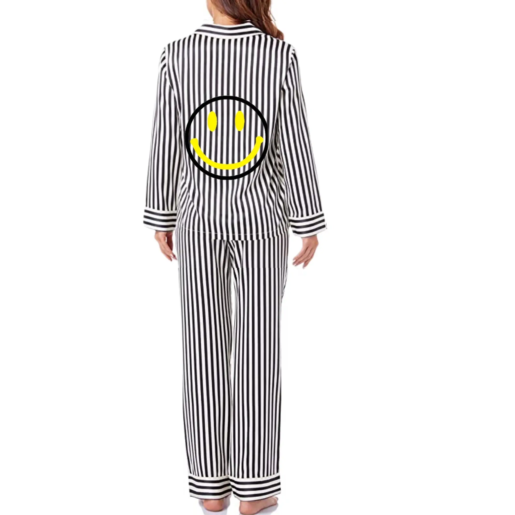 Smiley Face Pajama Set Black White L/S