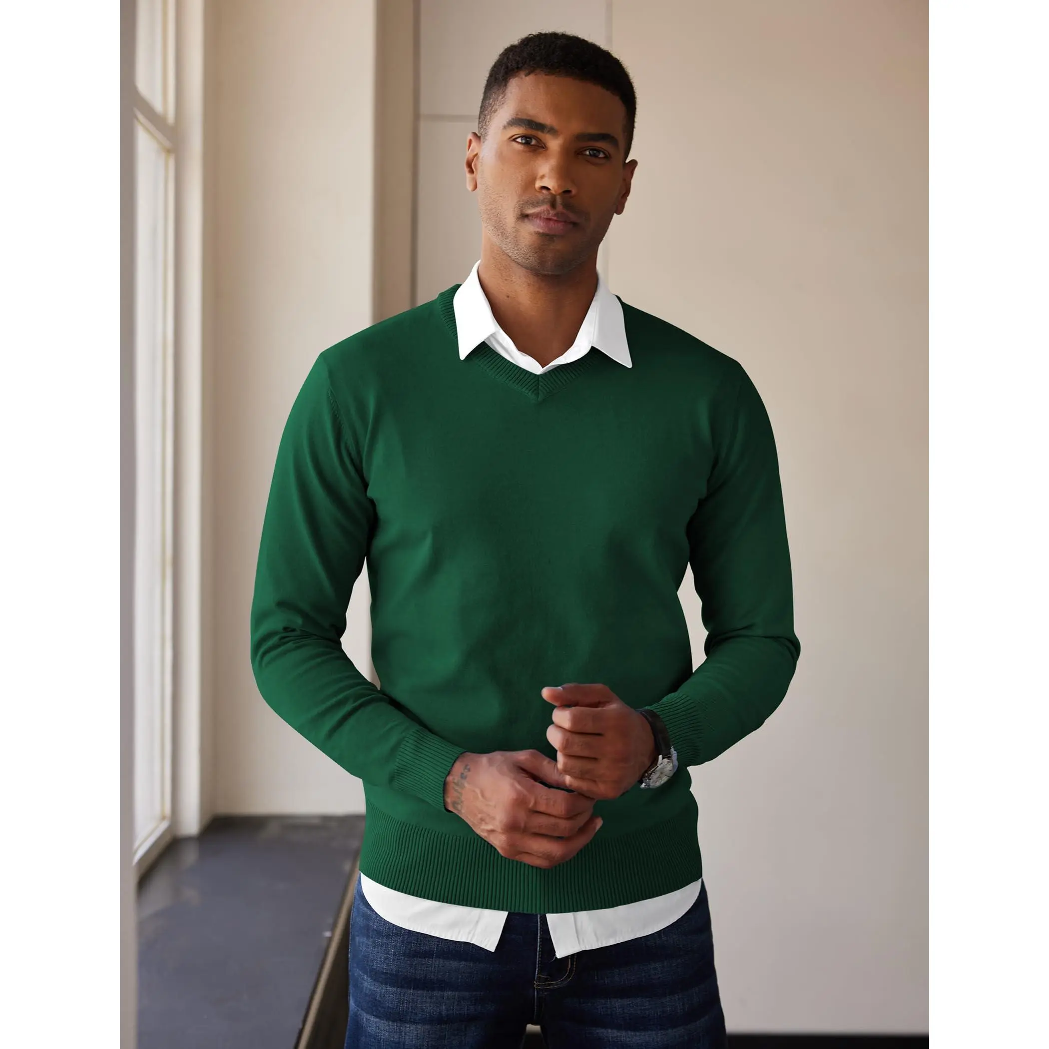 COOFANDY Men's V Neck Pullover Sweater Slim Fit Casual Dress Sweater Lightweight Knitted Sweaters