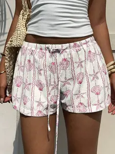 SwimRush Aloruh Women's Resort Ocean Seashell & Starfish Striped Button Tied Waist Shorts For Summer