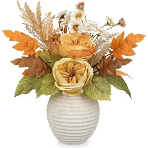 Artificial Fall Floral Centerpiece with Vase, Fake Flowers for Autumn Table Decorations, Silk Rose & Maple Leaves Arrangement, Rustic Cement Vase Harvest Decor for Dining Table, Kitchen, Living Room