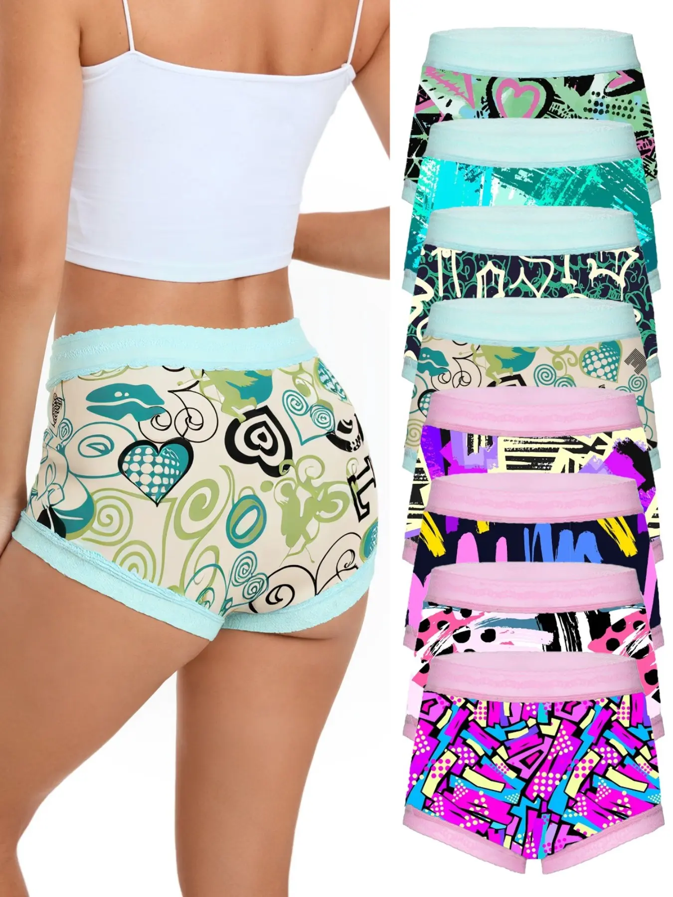 8-Pack Women's Underwear Set, Pop Art Design, Breathable Elastic Fabric, Cartoon Pattern & Contrast Lace Details, All-Season Comfort, Casual Soft Comfy Panties, Cute, Casual Comfy Panty