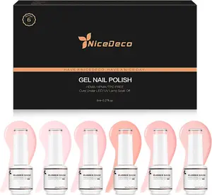 Nicedeco 4 In 1 Rubber Base Gel Set For Nails, Hema Free Nude Rose Pink Sheer Color Gel Nail Polish UV LED Soak Off, Elastic Rubber Nail Strengthen Enhance Base Coat 6pcs x 8ml-Kit37 ruber  base