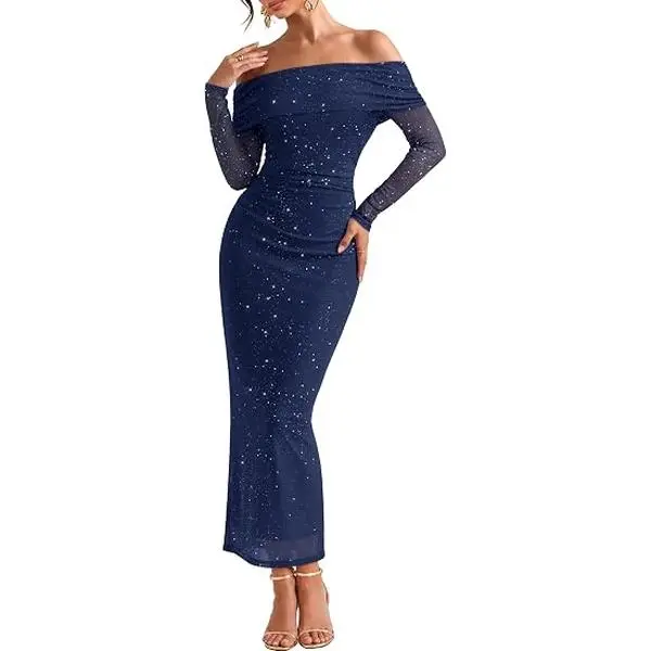 MEROKEETY Womens Fall Long Sleeve Off Shoulder Glitter Mesh Maxi Dress 2026 | Bodycon, Sparkly, Wedding Guest, Formal, Cocktail Party, Evening, Rehearsal Dinner, Holiday, Sequins, Date Night Dresses