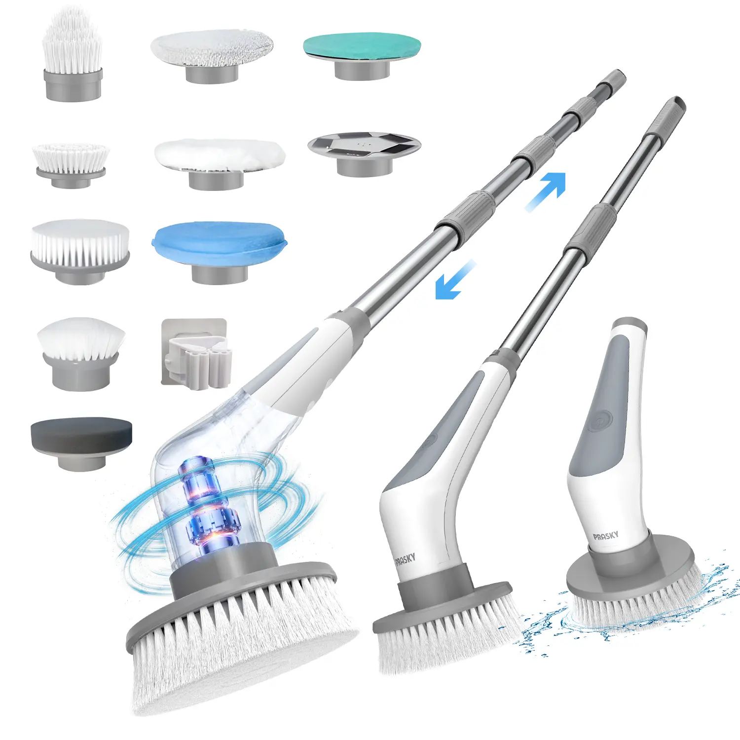 PRASKY Electric Spin Scrubber, Cordless Shower Scrubber, Cleaning Brush, with 9 Replaceable Brush Heads and 4 Adjustable Extension Handles for Bathroom, Kitchen,Tile, Floor,Household Cleaning Supplies Cleaner Portable Home Rechargeable Scrubberbrush