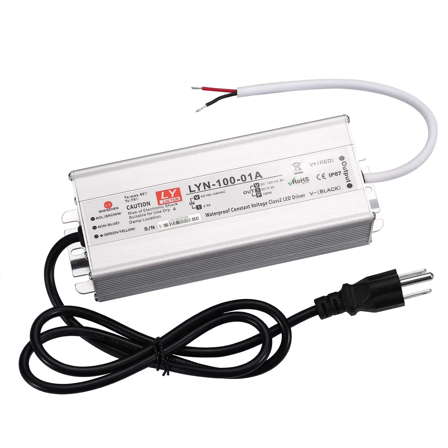 LED Driver 100 Watts 110V AC to 12V DC Low Voltage Output, IP67 Waterproof Power Low Voltage Transformer Adapter with 3 pin Plug LED Cable for LED Light bar, Indoor and Outdoor Light String