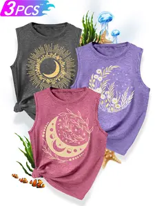 3Pcs Women's Crew Neck Tank Top, Moon Floral Series Print, Multiple Colors Available, Machine Washable, Spring & Summer Tops, Soft Skin-Friendly Fabric, Daily Versatile, Fashion Design