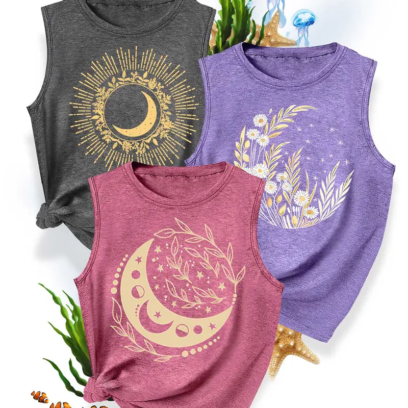 3Pcs Women's Crew Neck Slim Fitting Leisure Sleeveless Tank Top, Moon Floral Series Print, Multiple Colors Available, Machine Washable, Spring & Summer Tops, Soft Skin-Friendly Fabric, Daily Versatile, Fashion Design, Summer Clothes