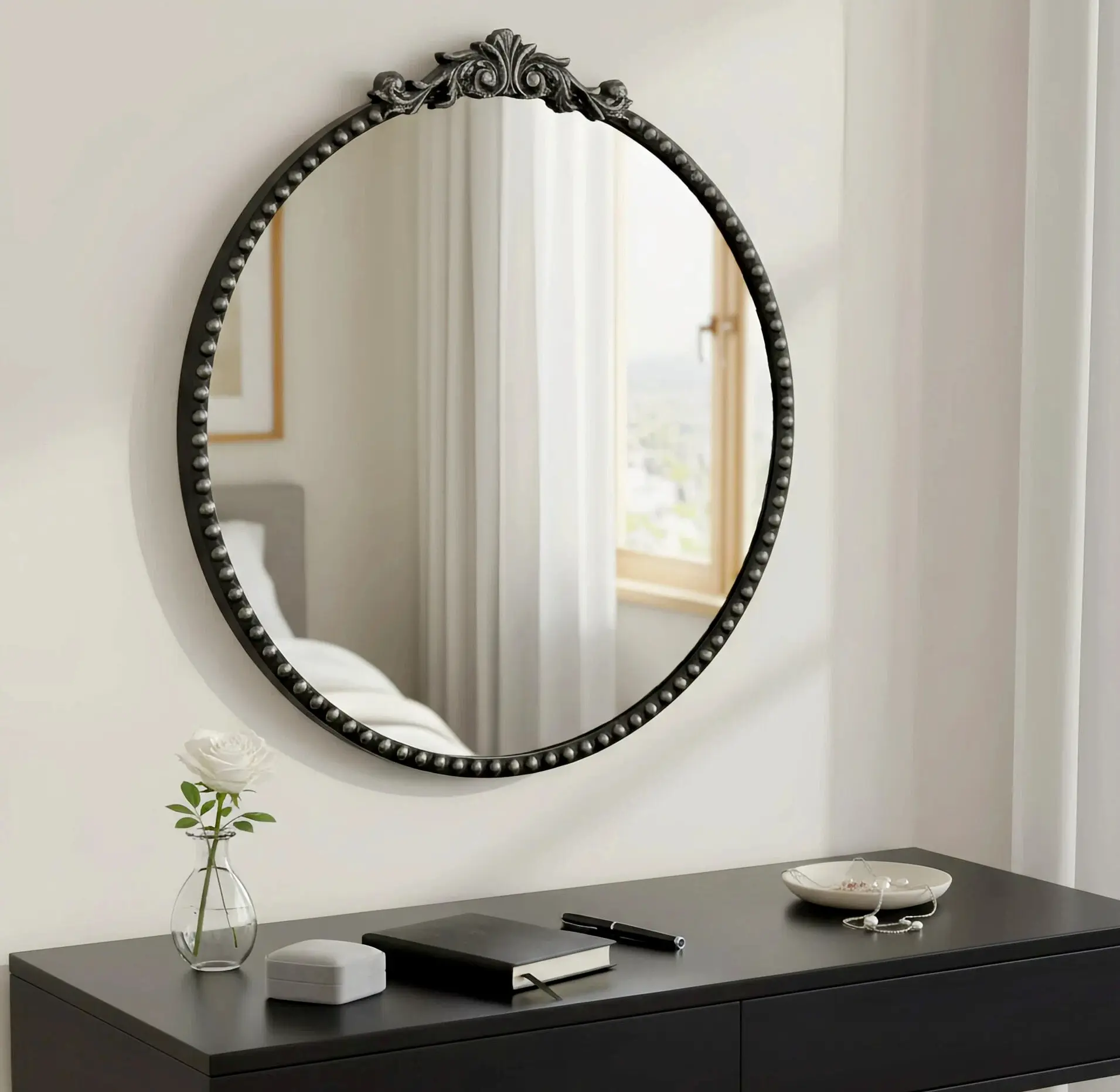 ZIYOO 32 in Round Wall Mirror - Black Solid Wooden Gothic-Vintage Luxury, Hand-Carved Patterns, Durable Metal Frame, Easy Hanging Home Decor for Bedroom, Hallways, Room Decor