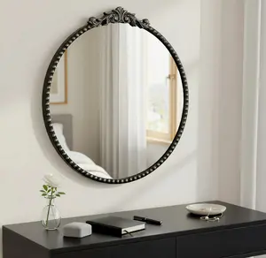ZIYOO 32" Round Metal Frame Wall Mirror Black Solid Wood Gothic-Vintage Luxury Hand-Carved Patterns Durable Design