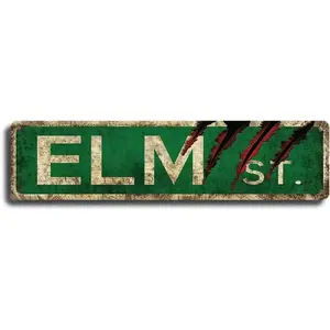 Vintage Metal Tin Horror Movie Decor - Elm Street Sign, 4x16 inch - Bathroom & Bedroom Decor for Men's Man Cave