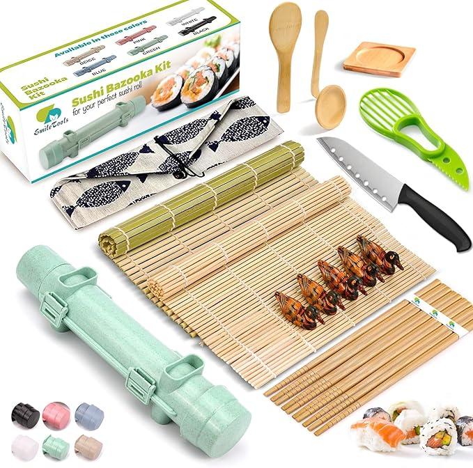 22 in 1 Sushi Making Kit, Sushi Roller Maker Bazooka Kit with Bamboo Mats, Chef's Knife Chopsticks Sauce Dishes, Rice Spreader sushi tools Kitchen 1