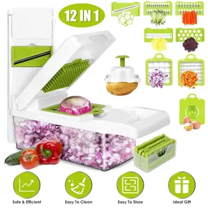 12 In 1 Vegetable Chopper With Container Kitchen Food Slicer Onion Chopper, Food Chopper, Cheese Grater & French Fry Cutter – Multifunctional Kitchen Gadget with 8 Blades, Egg Separator & Peeler, Hand Protector