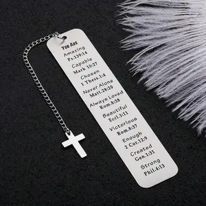 Stainless Steel Bookmark, 1 Count Slogan Pattern Bookmark with Cross Pendant, Inspirational Slogan Bookmark, Gift for Friend, Office Stationery