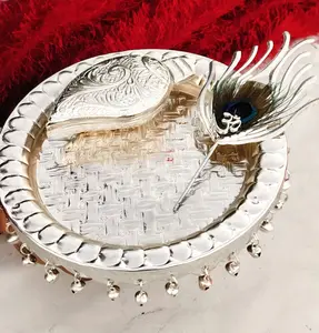 German Silver Ghungru Aarti Thali Set with Om Tika Stick
