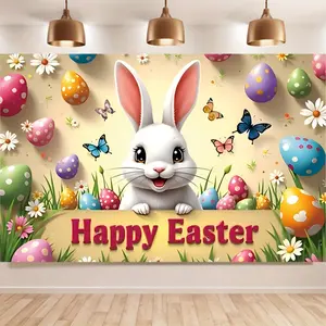 Easter Bunny & Floral Theme Background Banner, Extra-Large Polyester Photography Cloth, Indoor/outdoor Family Party Decoration