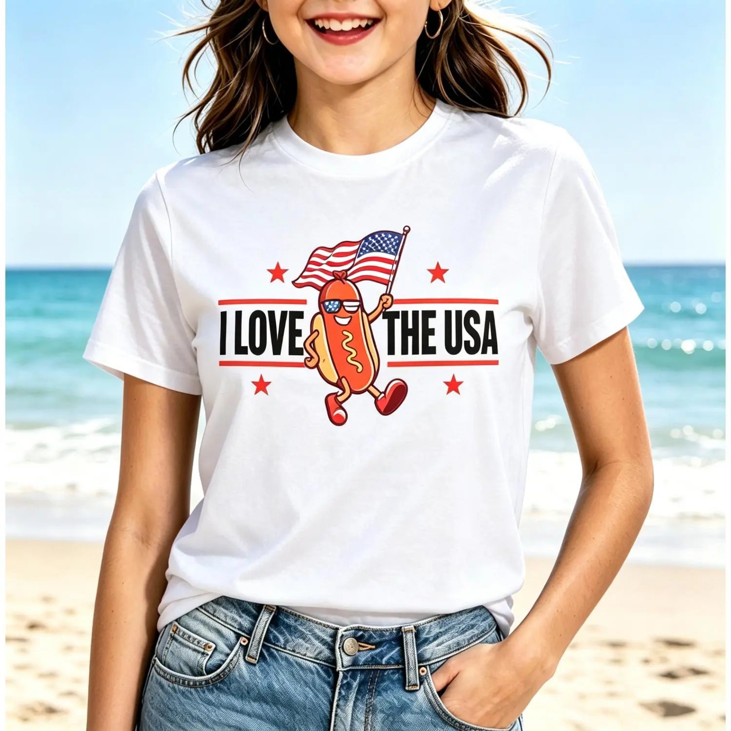 Women's Crew Neck Graphic Patriotic Hot Dog American Flag Cotton T-Shirt, Bohemian USA Independence Day Casual Short Sleeve Top with Durable Stitching, Tops, Slim-Fitting, All Seasons, Shortsleeve, Tshirt, Streetwear