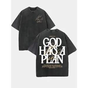 Retro Washed Double Sided Printed T-Shirt, 'GOD HAS A PLAN' Letter Graphic Tee, 230g Pure Cotton, Slightly Cropped, Crewneck, Distressed Streetwear, Men's Casual Comfortable Fashion Tops Smooth Fabric Seamless Soft Tshirt graphic tee t shirt
